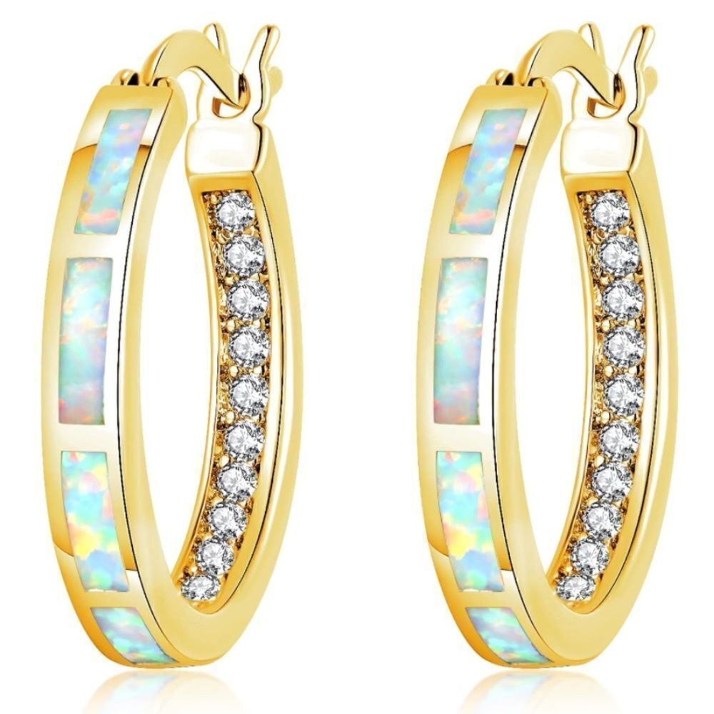 14K Yellow Gold with Genuine White Fire Opal and Diamond CZ Round Hoop Earrings